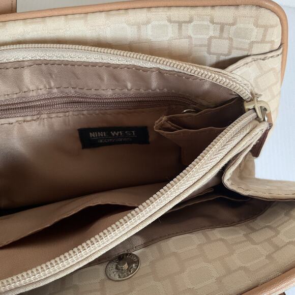 Nine West Beige Canvas Satchel Purse Handbag Top Handle Bag Mini Bag Cute - Picture 6 of 9